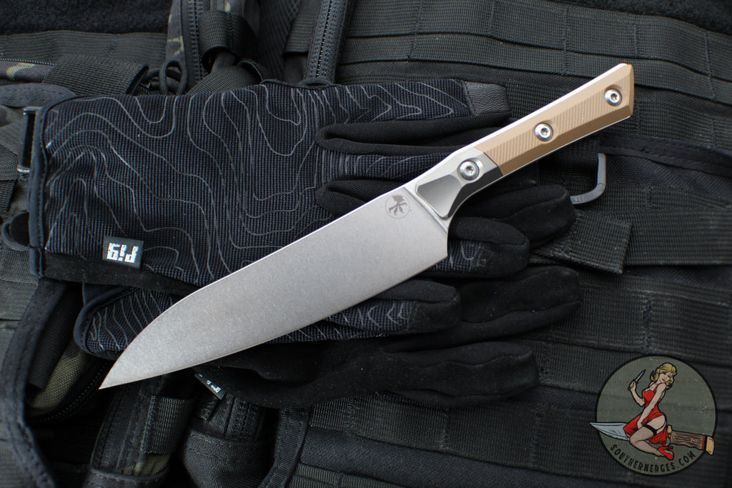 Microtech Cutlery- Utility 6"- Titanium Bolster- Coyote Tan G-10 Handle- Stonewash Blade 3400B-10 CE