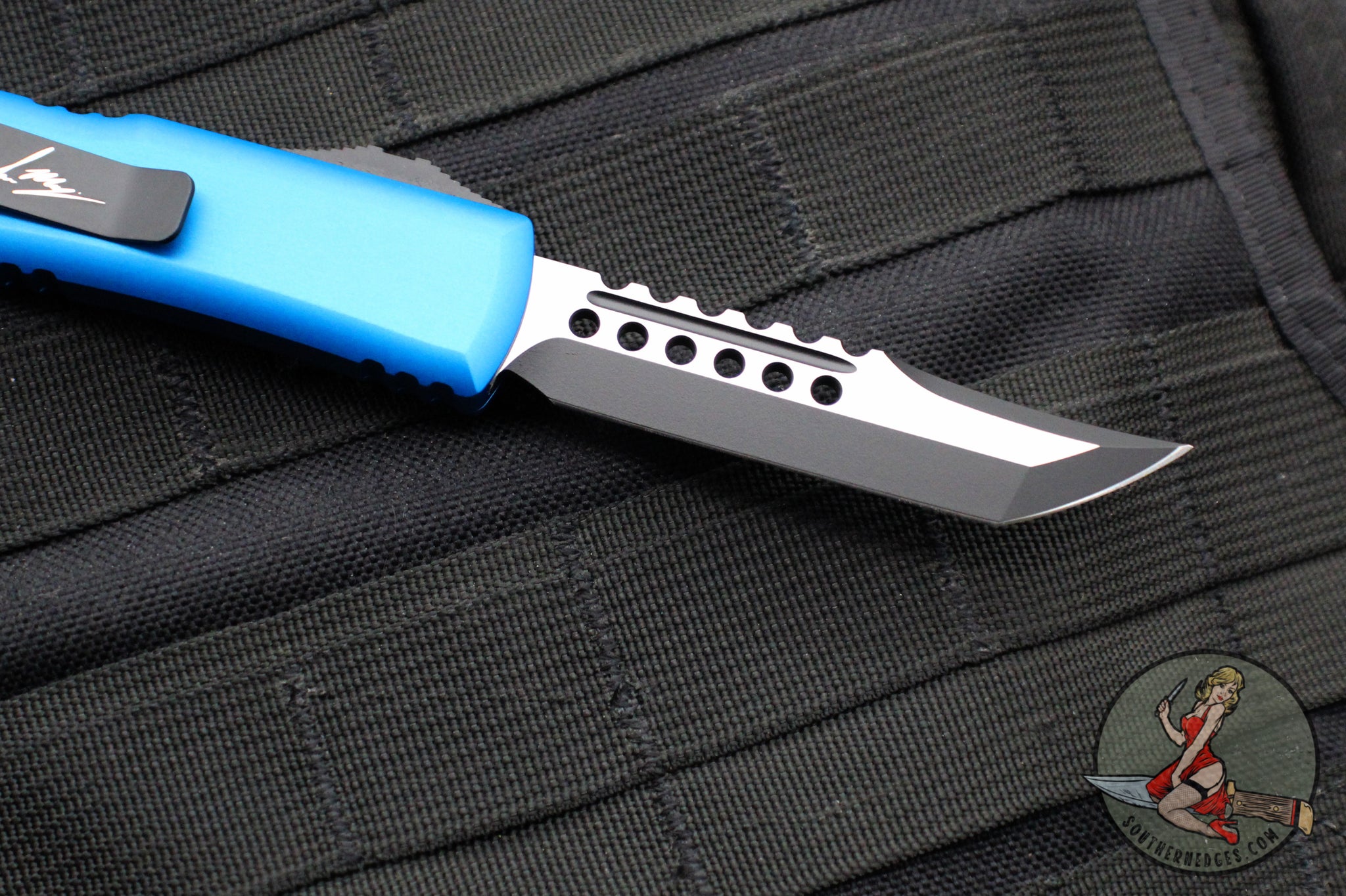 Microtech UTX-85 OTF Knife- Hellhound Edge- Blue Handle- Black Blade 7 ...