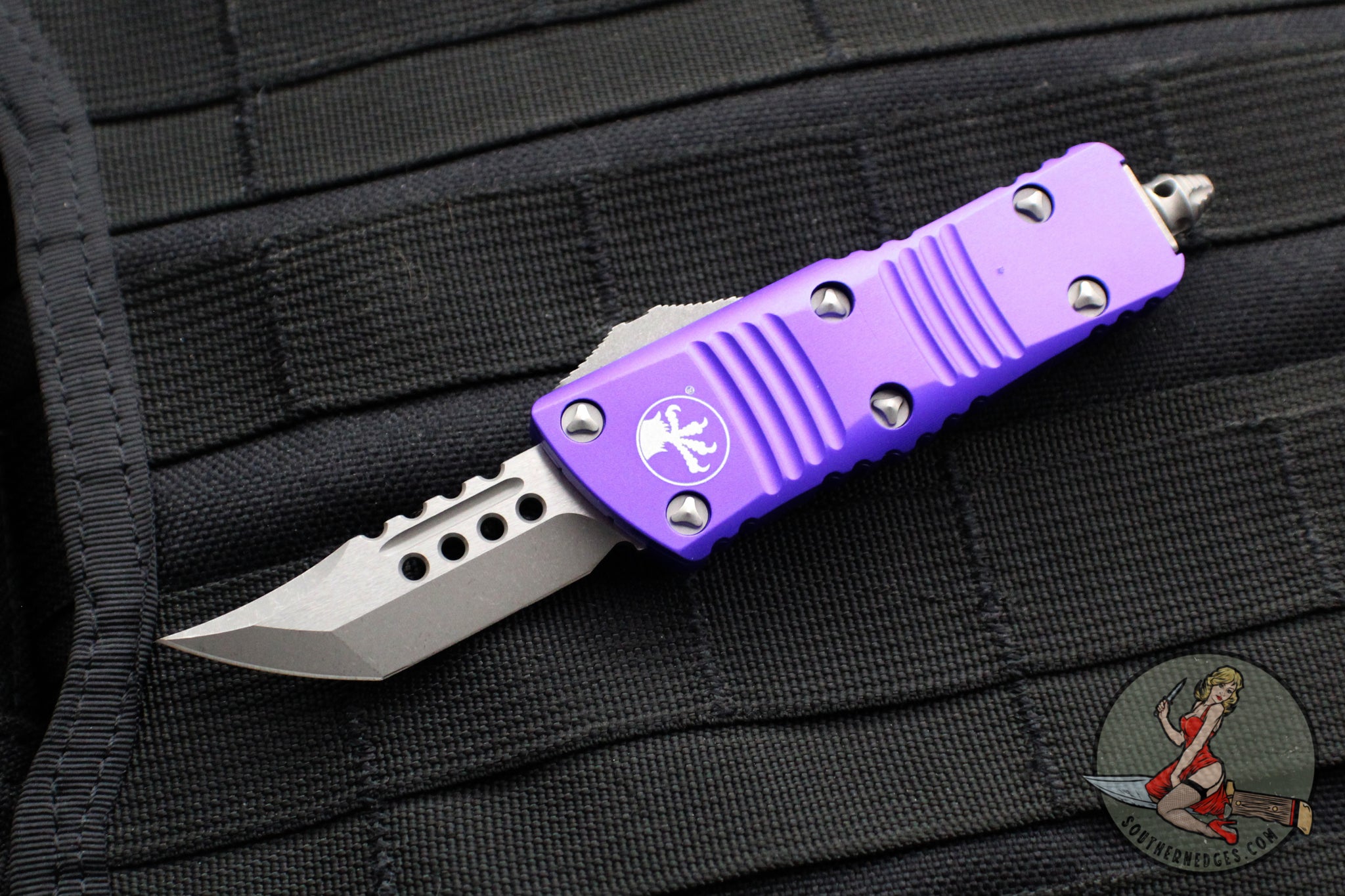 Microtech Mini Troodon OTF Knife- Hellhound Edge- Purple Handle- Apoca ...