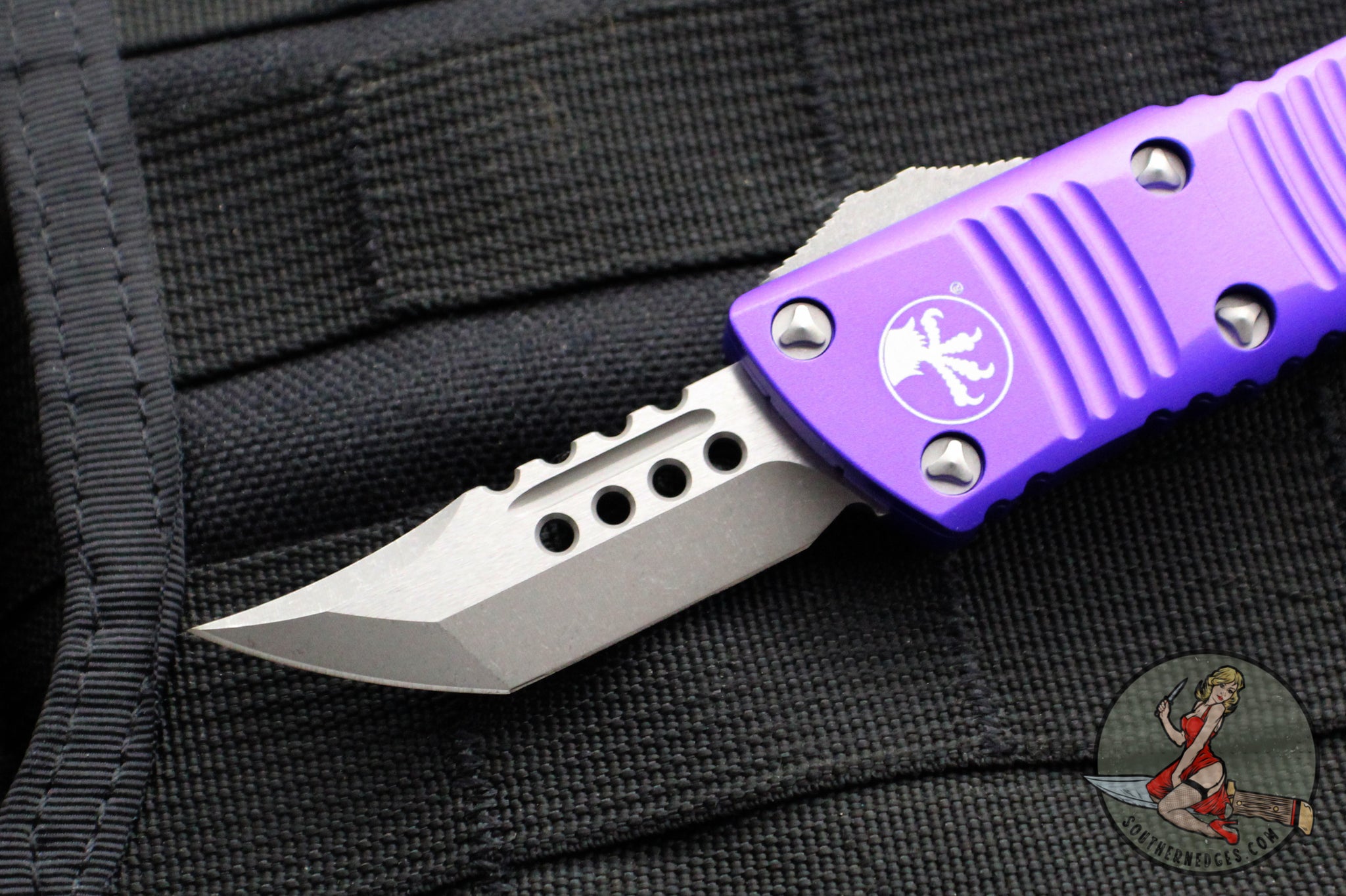 Microtech Mini Troodon OTF Knife- Hellhound Edge- Purple Handle- Apoca ...