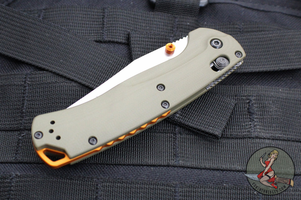Benchmade Taggedout- OD Green G-10 Handle- Orange Backstrap And Thumbs ...
