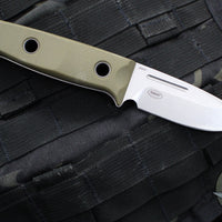 Benchmade MINI Bushcrafter Fixed Blade- OD Green G-10- Stonewash Blade- Black Leather Sheath Model 165-1