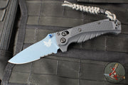 Benchmade MINI Adira Axis Lock Folding Knife- Tempest Gray Grivory Handle- Blue Titanium Finished Magnacut Part Serrated Blade 18065SBT-01