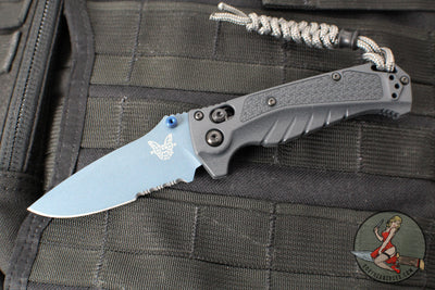 Benchmade MINI Adira Axis Lock Folding Knife- Tempest Gray Grivory Handle- Blue Titanium Finished Magnacut Part Serrated Blade 18065SBT-01