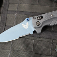 Benchmade MINI Adira Axis Lock Folding Knife- Tempest Gray Grivory Handle- Blue Titanium Finished Magnacut Part Serrated Blade 18065SBT-01