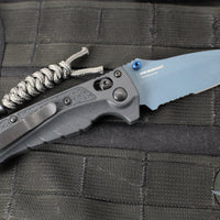 Benchmade MINI Adira Axis Lock Folding Knife- Tempest Gray Grivory Handle- Blue Titanium Finished Magnacut Part Serrated Blade 18065SBT-01