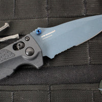 Benchmade MINI Adira Axis Lock Folding Knife- Tempest Gray Grivory Handle- Blue Titanium Finished Magnacut Part Serrated Blade 18065SBT-01