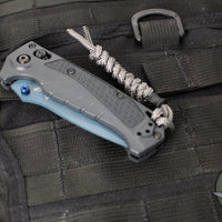 Benchmade MINI Adira Axis Lock Folding Knife- Tempest Gray Grivory Handle- Blue Titanium Finished Magnacut Part Serrated Blade 18065SBT-01