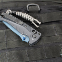 Benchmade MINI Adira Axis Lock Folding Knife- Tempest Gray Grivory Handle- Blue Titanium Finished Magnacut Part Serrated Blade 18065SBT-01