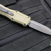 Benchmade Claymore OTF Auto Knife- Mini- Double Edge- Green Body- Smoke Gray PVD Finished Plain Edge Blade 3375GY-1