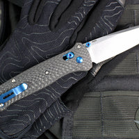 Benchmade Bailout- Tanto Edge- Carbon Fiber Handle- Stonewash Plain Edge- Blue Hardware 537-09