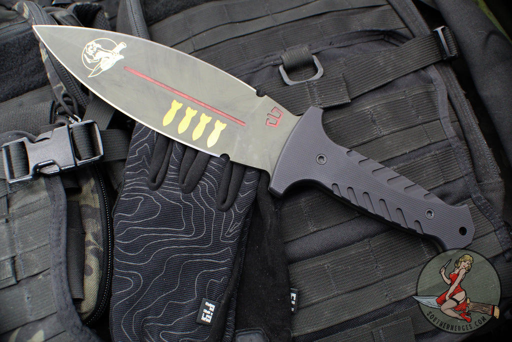 Blackside Customs Fairgate Smachet- Double Edge - Black Aluminum Handle Scales- Bomber Girl Finished PSB27 Blade- Black HW BSC-FAIR-BOMBER-BLKA