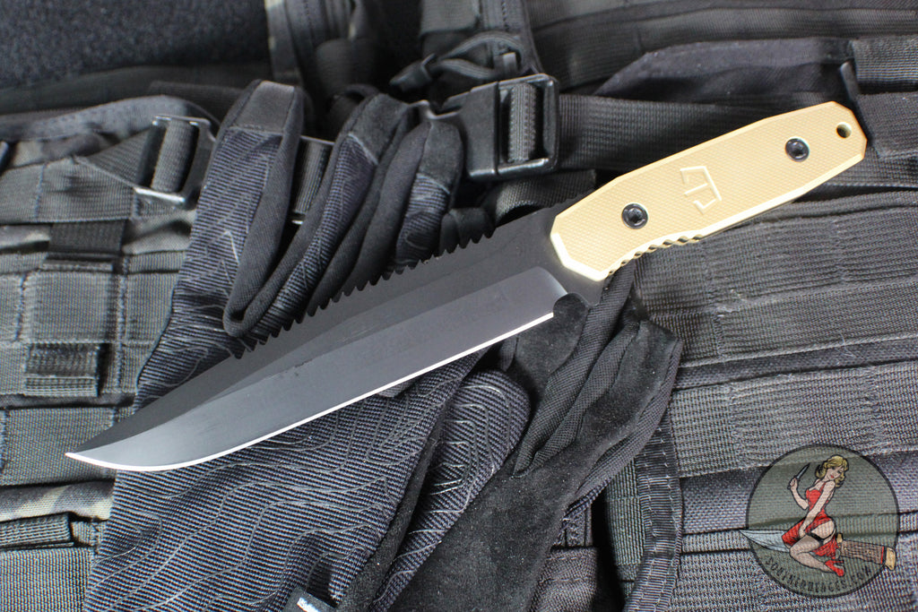 Blackside Customs Rogue 1 Fixed Blade- Black Finished Saw Back Magnacut Blade- Brass Scales BSC-ROG1-BLKSAW-BRASS