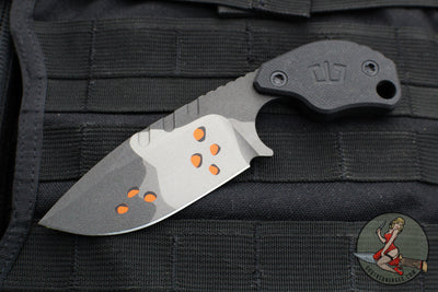 Blackside Customs/Strider Knives SLCC Fixed Blade- Drop Point Edge- Black G-10 Scale- Gray Camo With Orange Chips Finished Magnacut Blade