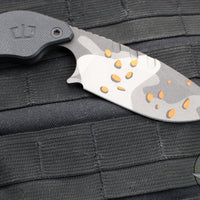 Blackside Customs/Strider Knives SLCC Fixed Blade- Drop Point Edge- Black G-10 Scale- Gray Camo With Orange Chips Finished Magnacut Blade