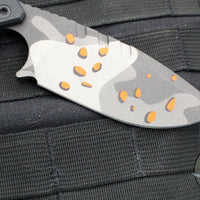Blackside Customs/Strider Knives SLCC Fixed Blade- Drop Point Edge- Black G-10 Scale- Gray Camo With Orange Chips Finished Magnacut Blade