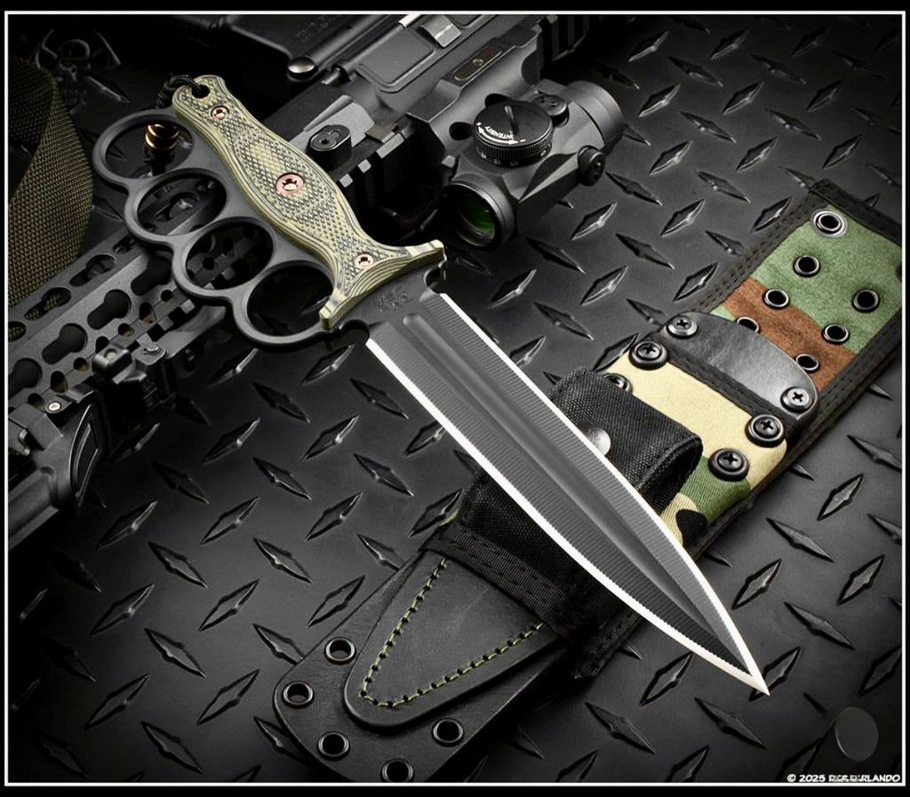 RMJ Trench Raider- Knuckle Duster Trench Knife! Graphite Black Finished- Dirty Olive G-10