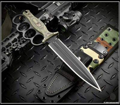 RMJ Trench Raider- Knuckle Duster Trench Knife! Graphite Black Finished- Dirty Olive G-10