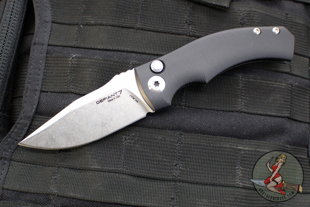 Defiant 7- Valmara- Out The Side (OTS) Auto Knife-  Black Handle- Stonewash Finished Blade