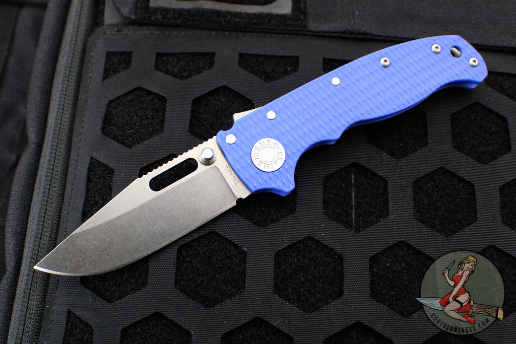 Demko Knives- AD20.5 Shark Lock Knife- Clip Point Or Shark Foot- Blue G-10 Handle- Stonewash Finished 20CV Blade