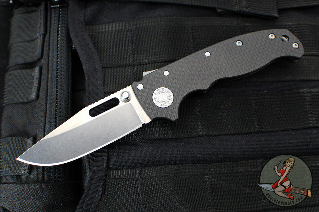 Demko Knives- AD20.5 Shark Lock Knife- Clip Point Or Shark Foot- Carbon Fiber Handle- Stonewash Finished 20CV Steel Blade