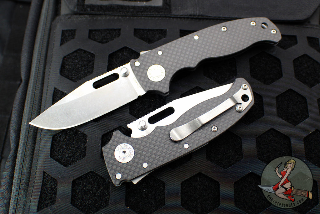 Demko Knives- AD20.5 Shark Lock Knife- Clip Point Or Shark Foot- Carbon Fiber Handle- Stonewash Finished S35VN Blade