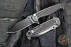 Half Face Blades- Disaster Folder/Flipper- Button Lock- Anodized Black Monolithic Aluminum Handle- Dimpled Grip- Black Nitride S45VN Blade- Deep Carry Clip
