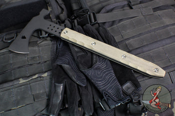 Half Face Blades- Arrowhead Hawk- Armor Black Finished- Smooth Grip OD Green Micarta Handle Scales