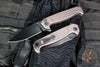 Half Face Blades- Crow Folder/Flipper- Button Lock- Anodized Gray (Rose) Monolithic Aluminum Handle- Grenade Stippled Grip- Black Nitride S45VN Blade