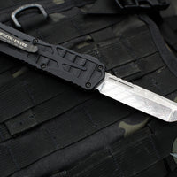 Heretic Custom Colossus OTF Auto Knife- Tanto Edge- Black with Black Python inlay- Vegas Forge Damascus Blade SN 14