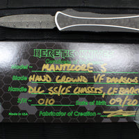 Heretic Custom Manticore-S OTF Auto DLC Stainless Steel Chassis Marbled Carbon Fiber Inlay and Bottom Chassis Double Edge Damascus Blade