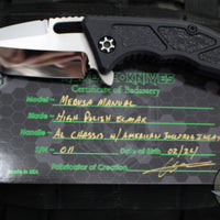 Heretic Knives Custom Medusa- Flipper- Black Handle- American Bull Frog Inlaid- Mirror Polished Blade SN011