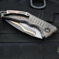 Heretic Knives Custom Medusa OTS Auto- Tanto Edge- DLC Titanium Handle with Frag Pattern- Baker Forge Damascus Blade- Fat Carbon Button And Clip Inlay- Serial Number 23