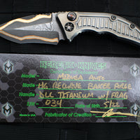 Heretic Knives Custom Medusa OTS Auto- Recurve Edge- DLC Titanium Handle with Frag Pattern- Baker Forge Damascus Blade- Fat Carbon Button And Clip Inlay- Serial Number 34
