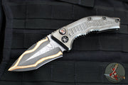 Heretic Knives Custom Medusa OTS Auto- Recurve Edge- DLC Titanium Handle with Frag Pattern- Baker Forge Damascus Blade- Fat Carbon Button And Clip Inlay- Serial Number 34