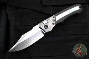Heretic Custom Wraith OTS Auto- Bowie Edge- Fat Carbon Black Dunes Handle- Mother Of Pearl Inlay- Vegas Forge Damascus Blade, Bolster, AND Pivot Collar- MOP Inlaid Button SN30