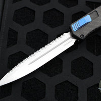 Heretic Cleric 2 OTF Auto- Double Edge- Carbon Fiber Top- Carbon Fiber Inlay Bottom Handle- Blue Hardware Accents- Stonewash Full Serrated Edge Blade H020-2C-CF/BLU