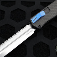 Heretic Cleric 2 OTF Auto- Double Edge- Carbon Fiber Top- Carbon Fiber Inlay Bottom Handle- Blue Hardware Accents- Stonewash Full Serrated Edge Blade H020-2C-CF/BLU