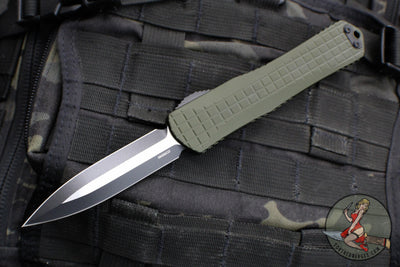 Heretic Manticore-X OTF Auto- Double Edge- Green Finished Frag Pattern Handle- Two-Tone Black Blade- Black HW H032F-10A-GRN