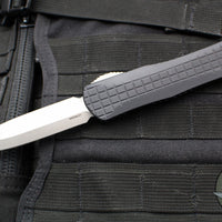 Heretic Manticore-X OTF Auto- Double Edge- Black Grenade Pattern Handle- Battleworn Finished Black Blade H032F-5A