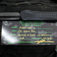 Heretic Custom Manticore-X OTF Auto- Double Edge- Black Frag Pattern Handle- Black DLC Satin Finished Blade- CF Button SN018