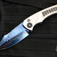 Heretic Knives Custom Pariah- OTS Auto- Titanium Frame- Fat Carbon Snakeskin Inlay- Blued Baker Forge Elite AuroraMai Damascus Blade- Fat Carbon Snakeskin Button Inlay- DLC Hardware SN11