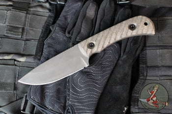 Half Face Blades- Cavner- Textured OD Green Micarta Handle Scales- Acid Wash S45VN Blade