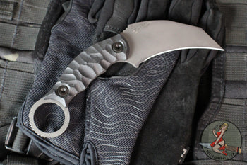 Half Face Blades- Karambito Fixed Blade- Textured Black Black G-10 Handle- Acid Wash S45VN Blade