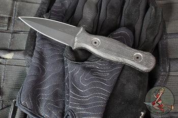 Half Face Blades- Pulse Checker Fixed Blade- Black Canvas Micarta Handle Scale- Armor Black Cerakoted S45VN Blade