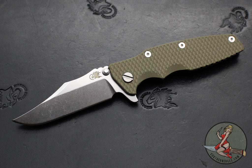 Hinderer Eklipse 3.5"- Bowie Edge- Battle Blue Ti And OD Green G-10 Handle- Stonewash S45VN Blade