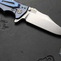 Hinderer Eklipse 3.5"- Bowie Edge- Stonewash Blue Finished Ti And OD Green G-10 Handle- Stonewash S45VN Blade