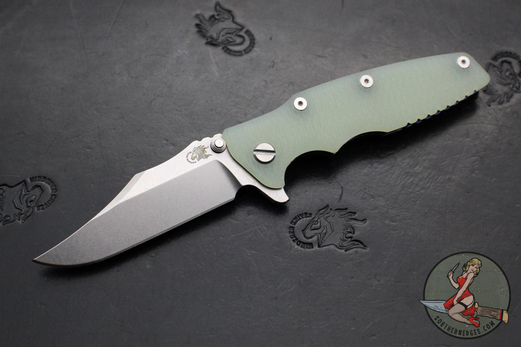 Hinderer Eklipse 3.5"- Bowie Edge- Stonewash Blue Finished Ti And Translucent Green G-10 Handle- Stonewash S45VN Blade