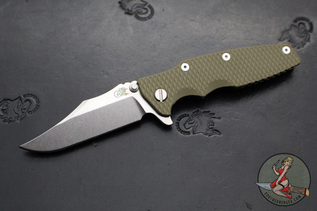 Hinderer Eklipse 3.5"- Bowie Edge- Stonewash Bronze Finished Ti And OD Green G-10 Handle- Stonewash S45VN Blade