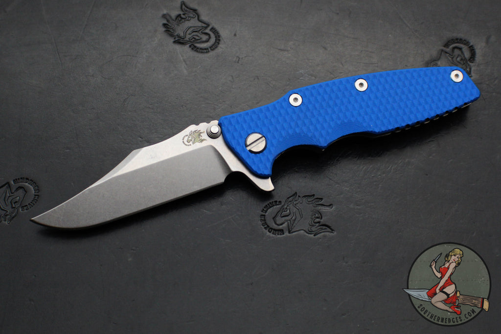 Hinderer Eklipse 3.5"- Bowie Edge- Stonewash Finished Ti And Blue G-10 Handle- Stonewash S45VN Blade